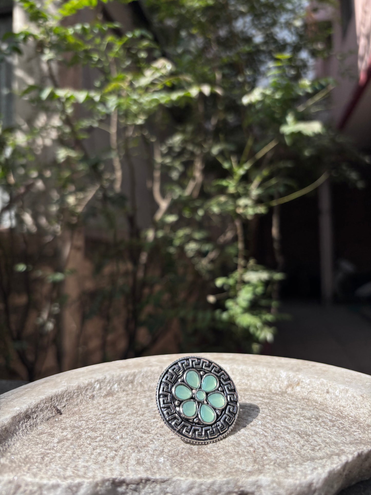 Oxidised Monalisa Green Stone Ring