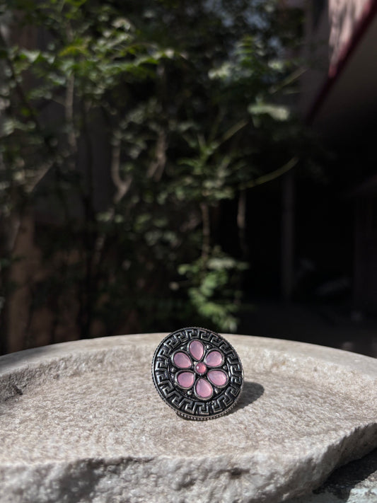 Oxidised Monalisa Pink Stone Ring