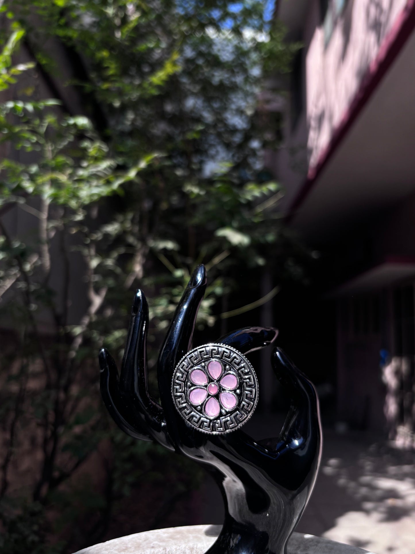 Oxidised Monalisa Pink Stone Ring