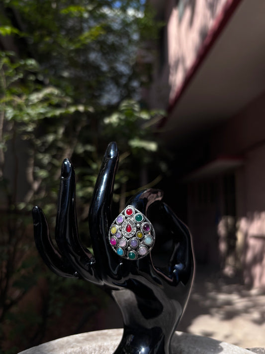 Oxidised Multicolor Stone Ring