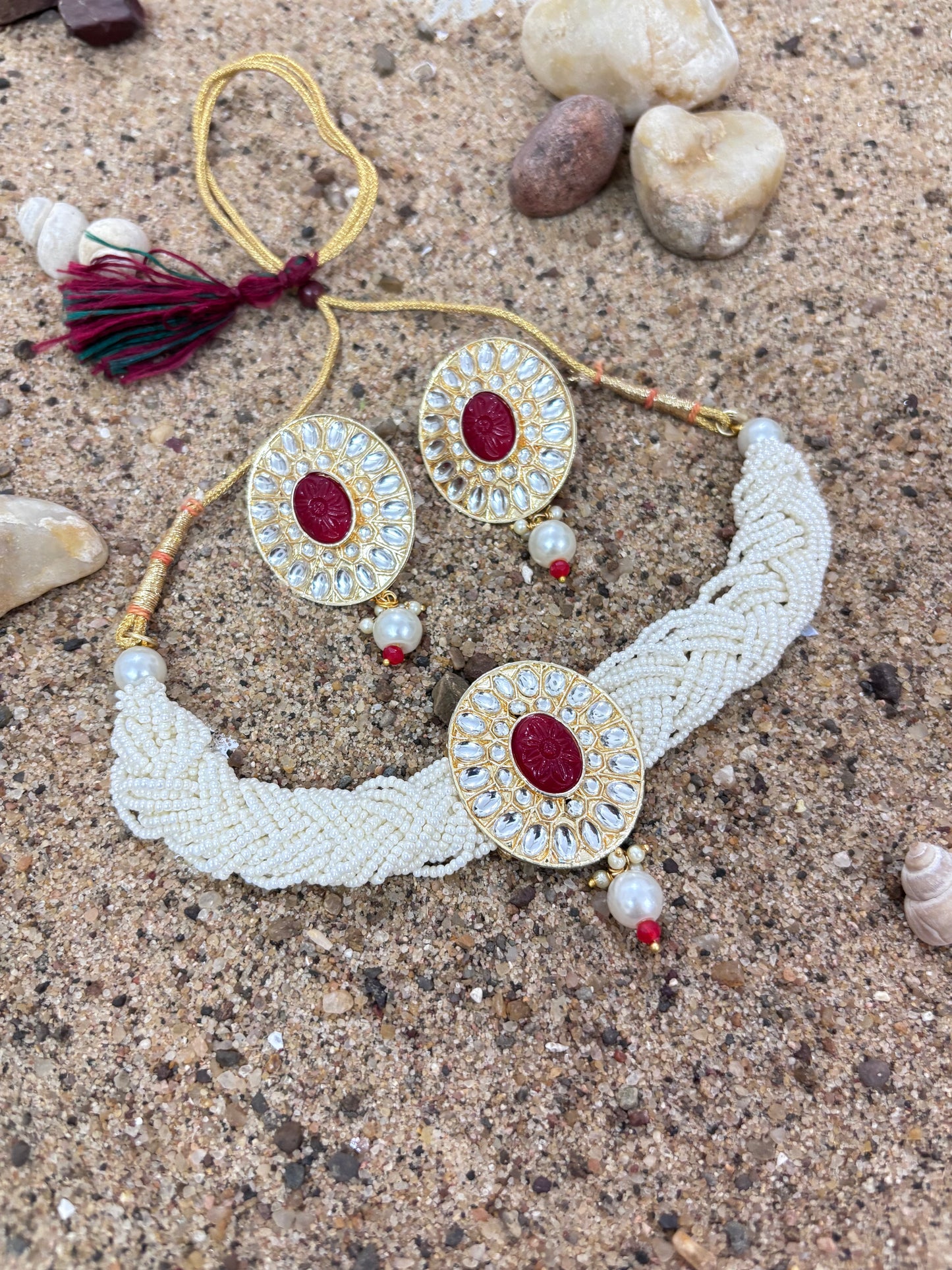 Red Kundan Studded Pearl Choker Set