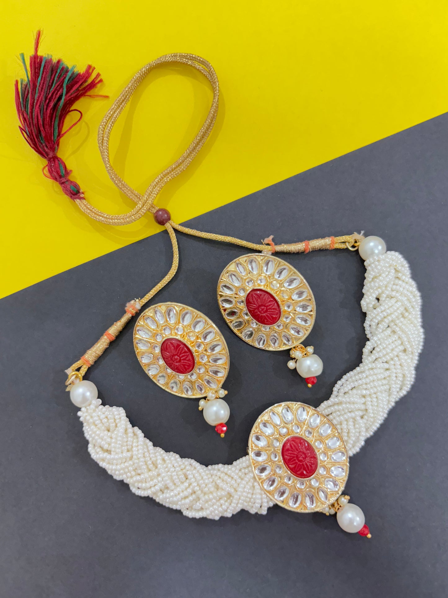 Red Kundan Studded Pearl Choker Set