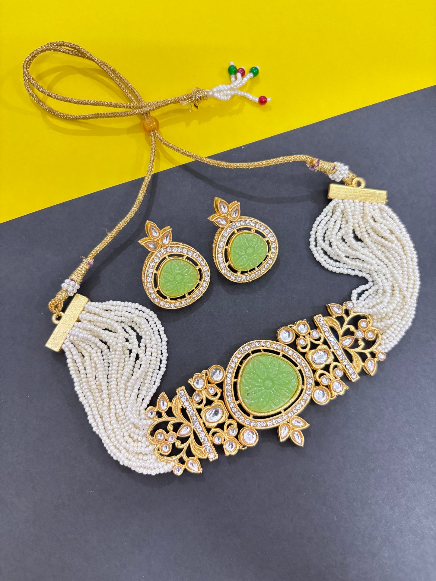 Green Kundan Studded Pearl Choker Set