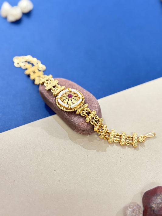 Gold Plated Pearl With Ruby Stone Bracelet
