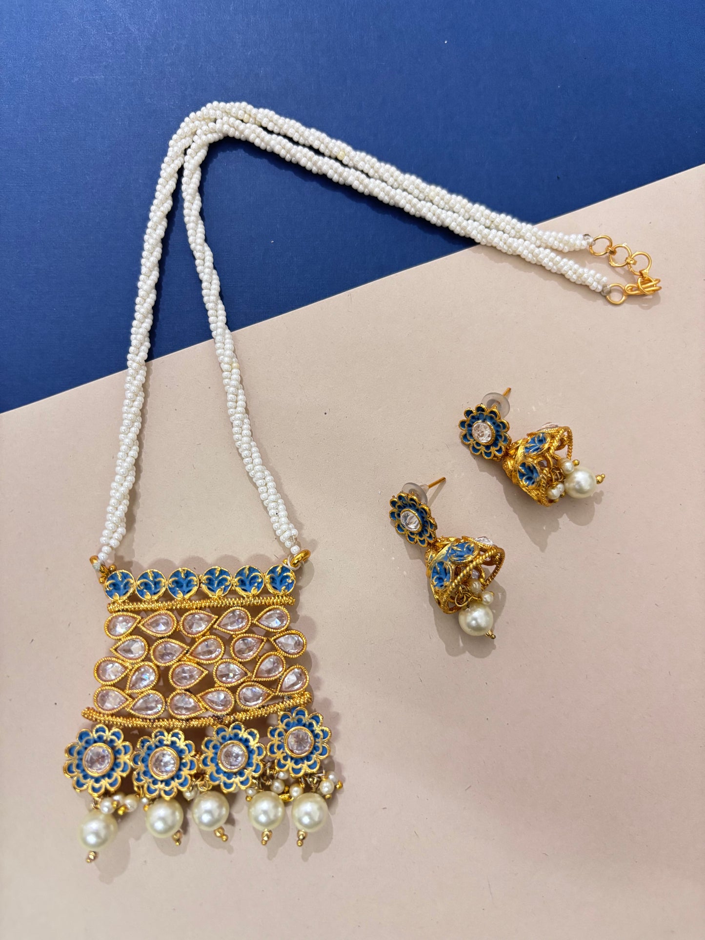 Pearl Studded Blue Kundan Set