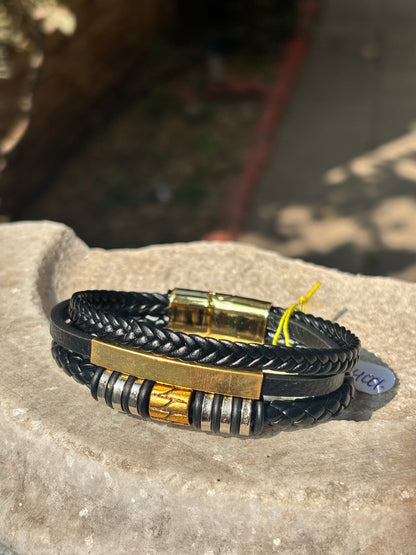 Mens Leather Bracelet | Braided with Gold Bar Charm