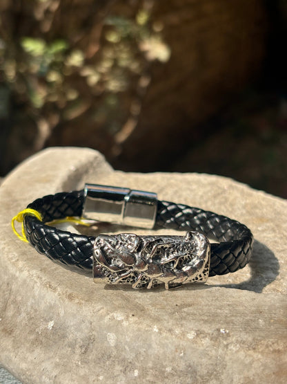 Mens Leather Bracelet | Braided with Silver Scorpion Charm