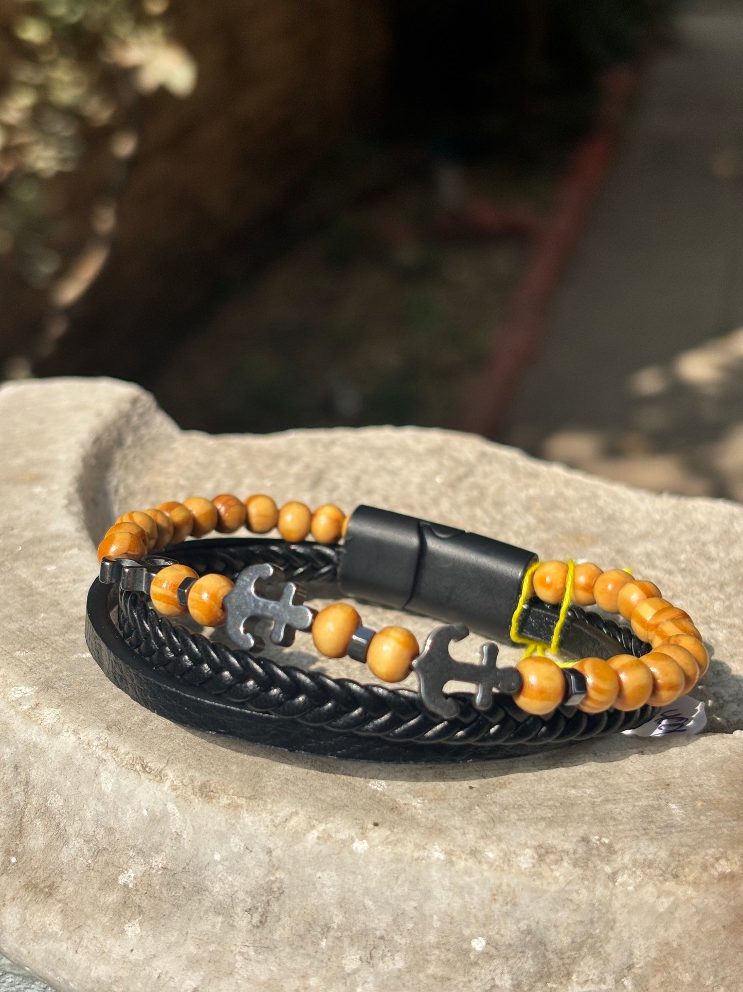 Mens Leather Bracelet | Multi Braided Strap Anchor Beads Leather Bracelet