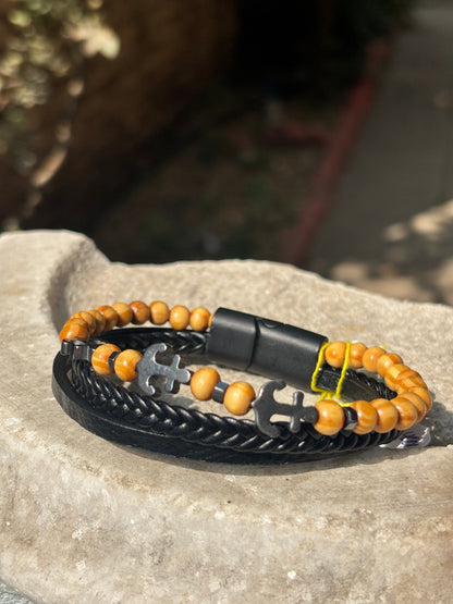 Mens Leather Bracelet | Multi Braided Strap Anchor Beads Leather Bracelet
