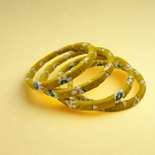 Mustard Floral Fabric Bangles | Set of 4