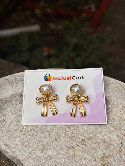 Pearl Bow Anti-Tarnish Gold Stud Earrings