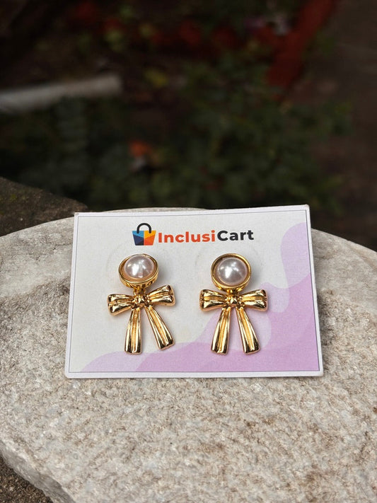 Pearl Bow Anti-Tarnish Gold Stud Earrings