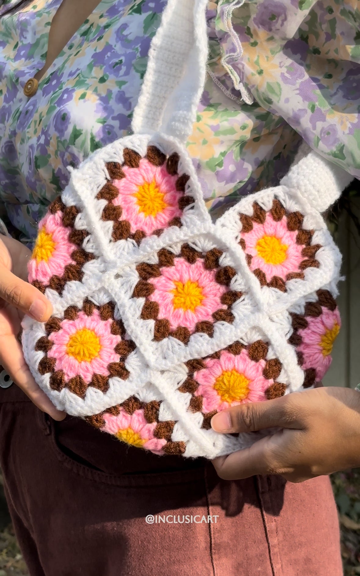 Crochet Tote Bag | Pink Daisy Handmade Crochet Tote Bag for Women