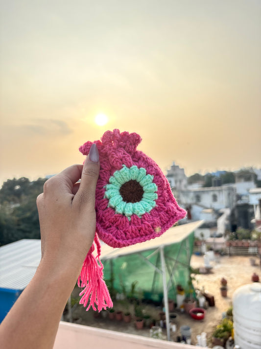 Crochet Potli Bag | Pink & Mint Daisy Handmade Potli Bag