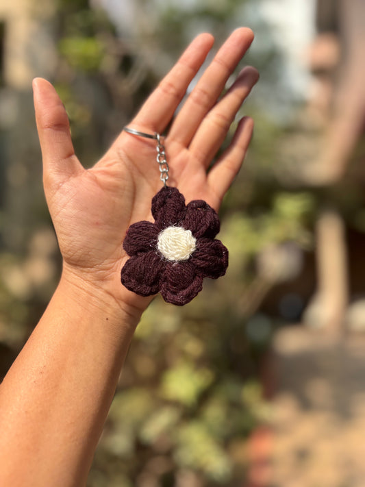 Crochet Keychain Puff Flower | Brown With White Dot