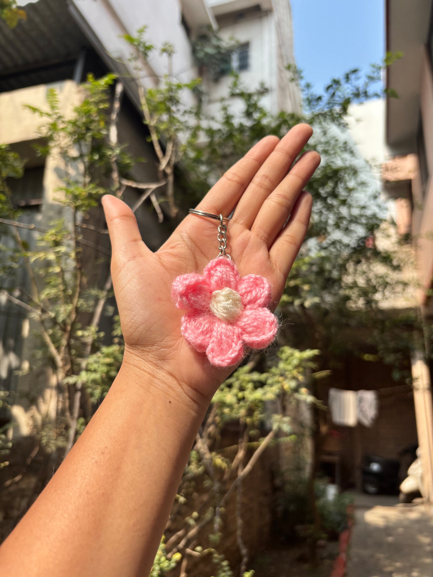 Crochet Keychain Puff Flower | Pink With White Dot