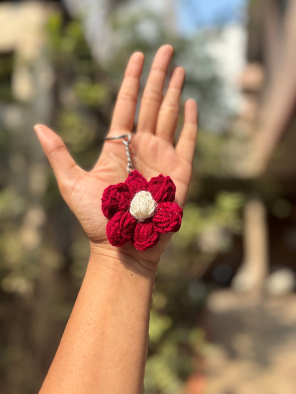 Crochet Keychain Puff Flower | Red With White Dot