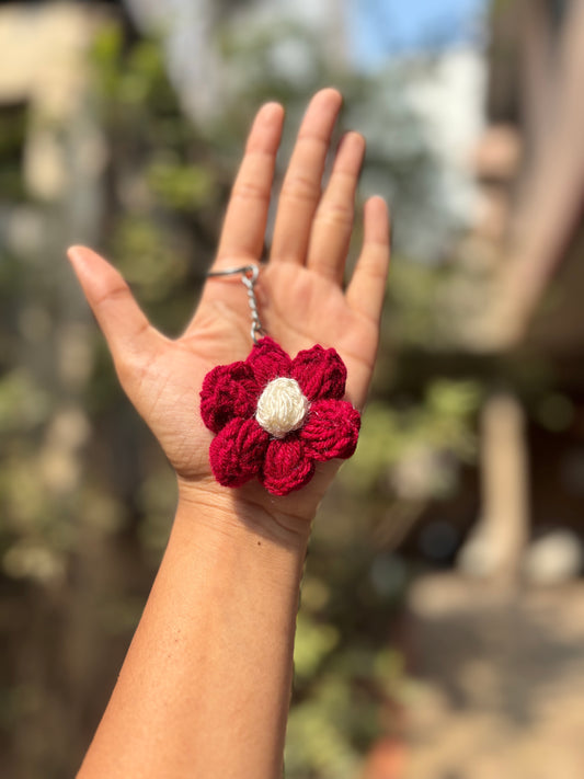 Crochet Keychain Puff Flower | Red With White Dot