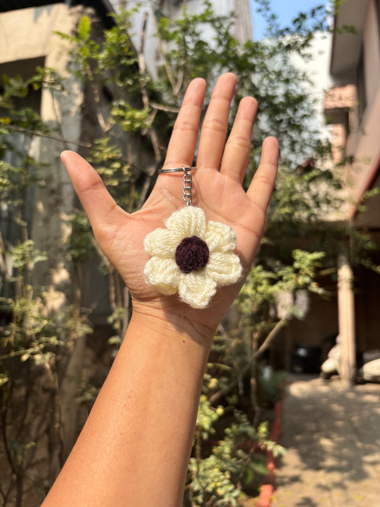 Crochet Keychain Puff Flower | White With Brown Dot
