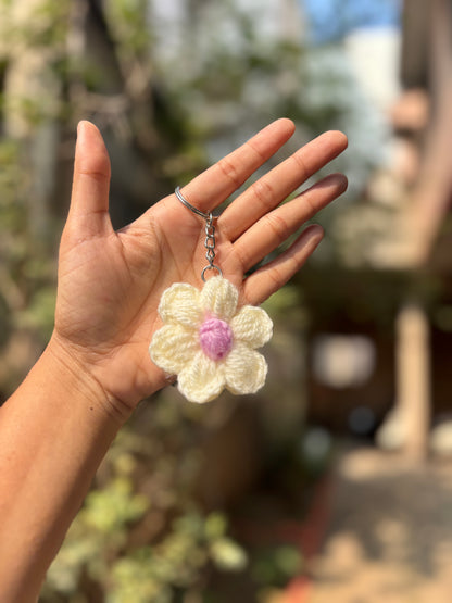 Crochet Keychain Puff Flower | White With Lavender Dot