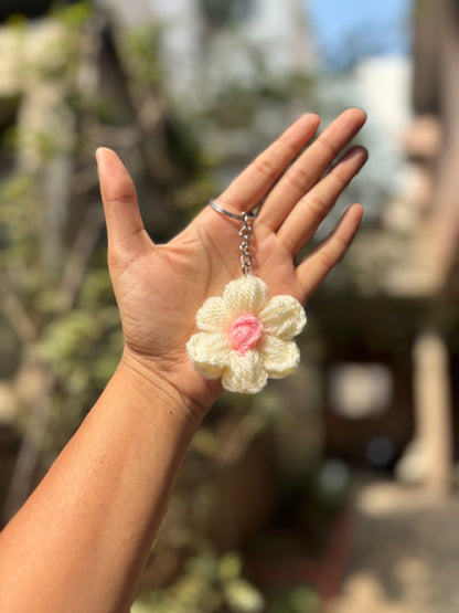 Crochet Keychain Puff Flower | White With Pink Dot
