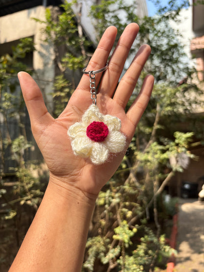 Crochet Keychain Puff Flower | White With Red Dot