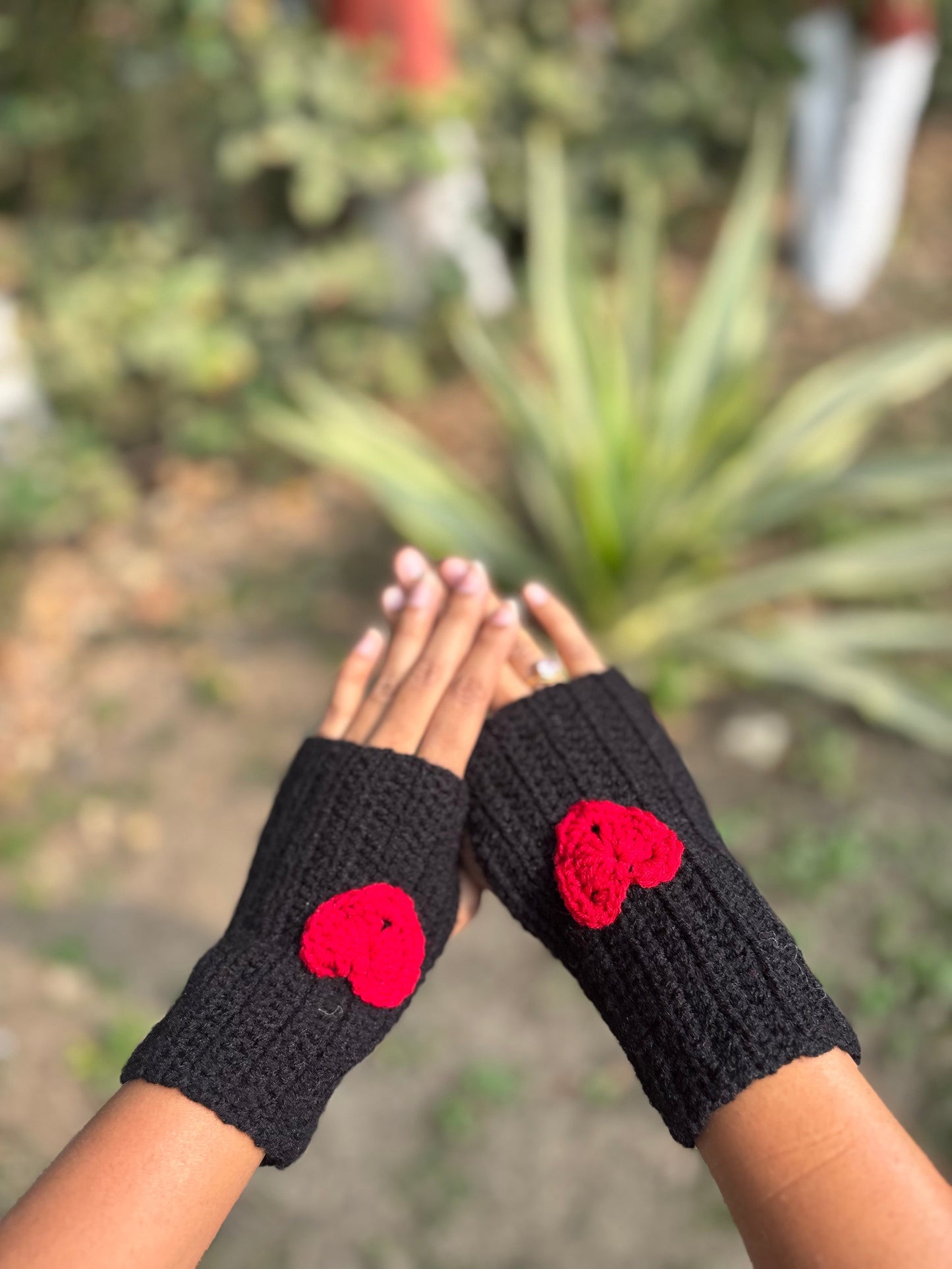 Crochet Gloves | Black with Red Heart
