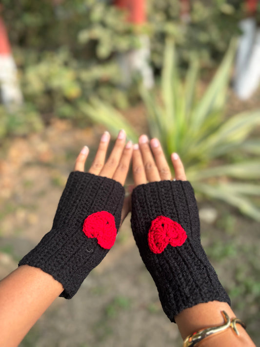 Crochet Gloves | Black with Red Heart