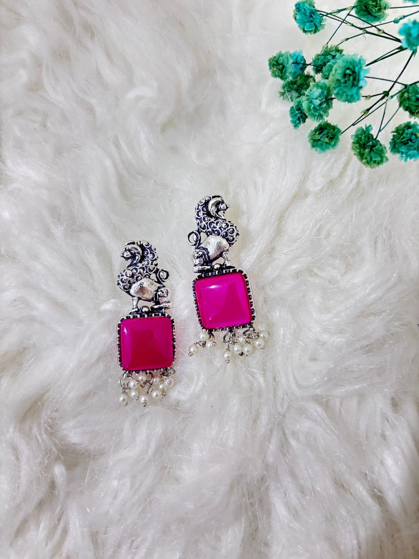 Royal Monalisa Pink + Green | Oxidised Earring | Combo
