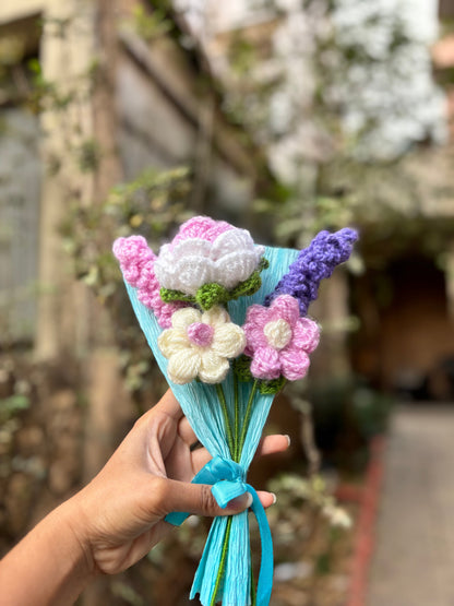 Crochet Bouquet | Pink Rose, Lavender Stick & Puff Flowers