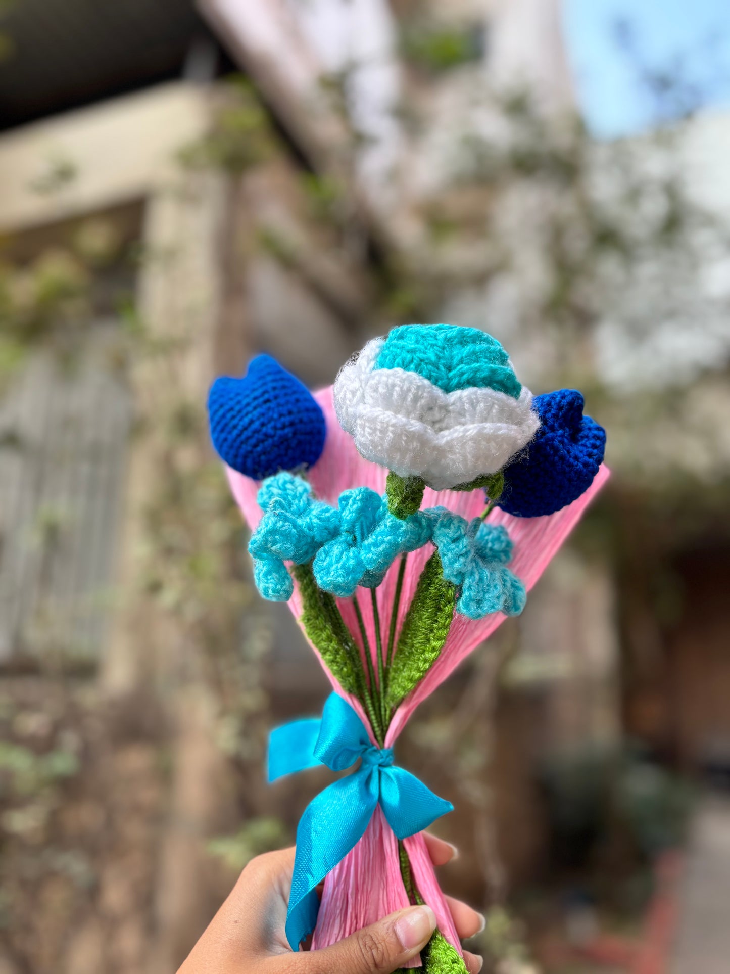 Crochet Bouquet | Blue Rose, Tulip, with Wood Sorrel Flower