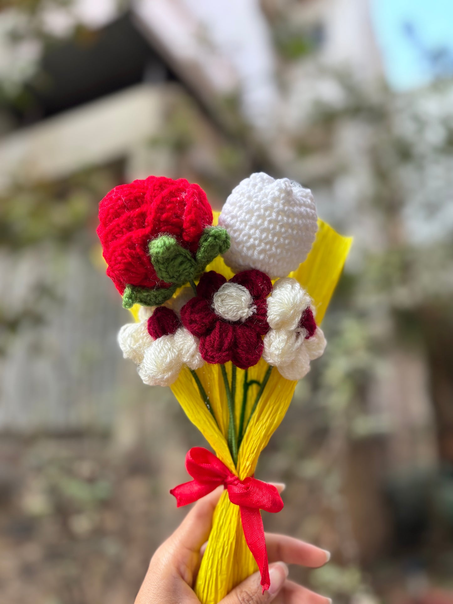 Crochet Bouquet | Red Rose, White Tulip & Red-White Puff Flowers
