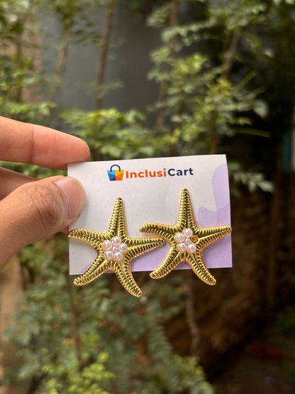 Golden Starfish Anti Tarnish Earrings with Pearls
