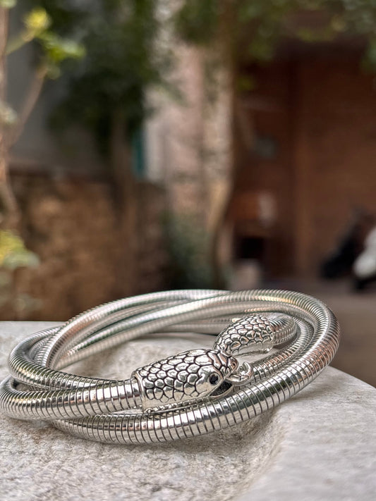 Silver Snake Head Bracelet with Scaled Design