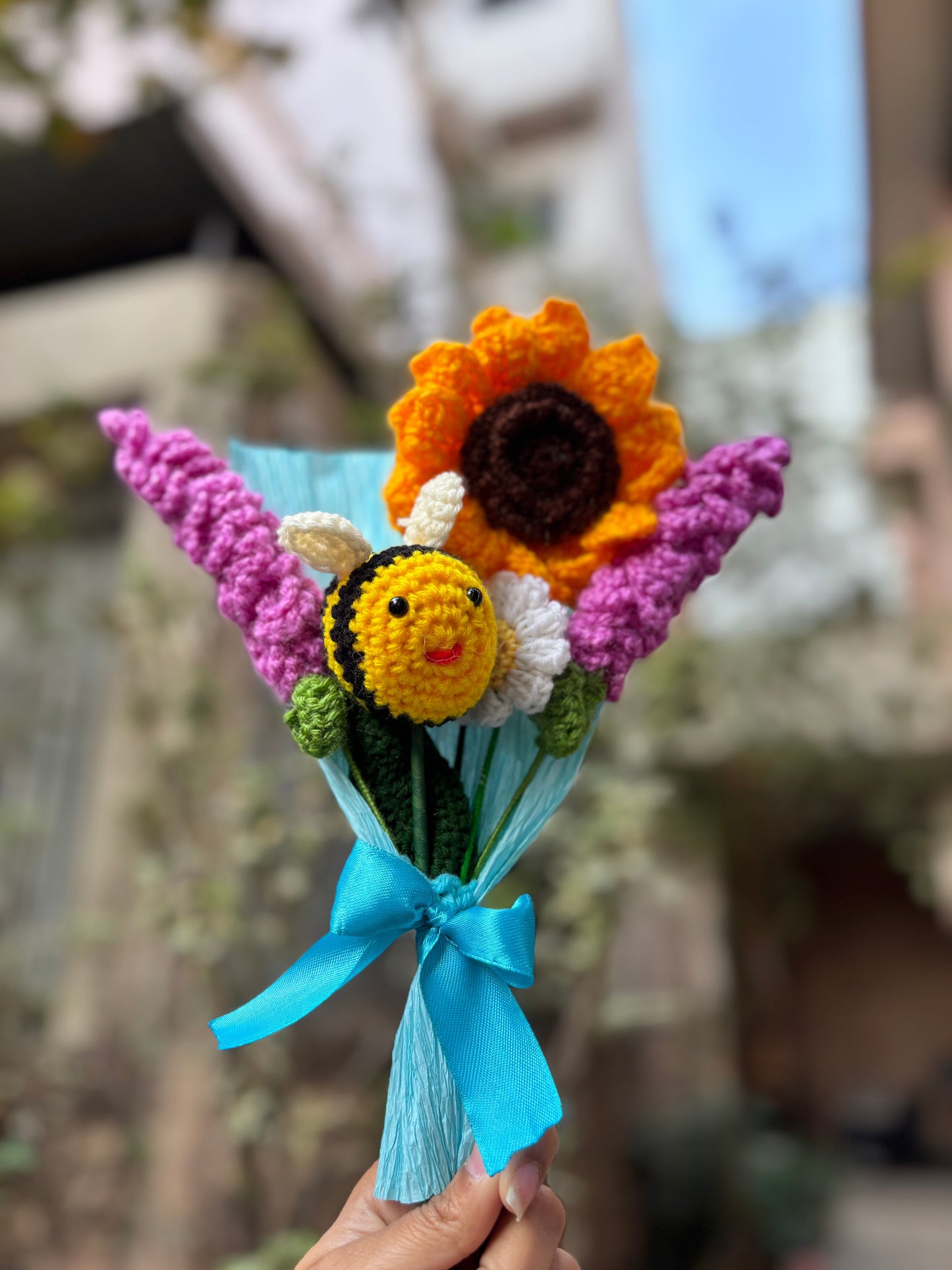 Crochet Bouquet | Sunflower, Daisy, Wood sorrel flower, Honeybee Stick