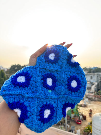 Crochet Tote Bag Blue | White Daisy Handmade Crochet Tote Bag for Women