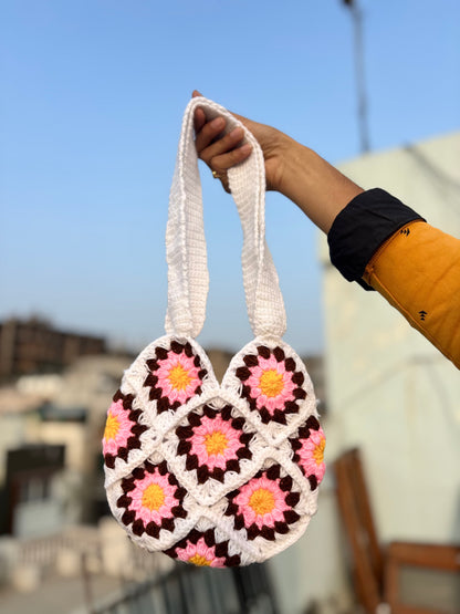 Crochet Tote Bag | Pink Daisy Handmade Crochet Tote Bag for Women
