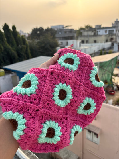 Crochet Tote Bag Pink | Pink & Mint Daisy Handmade Crochet Tote Bag for Women