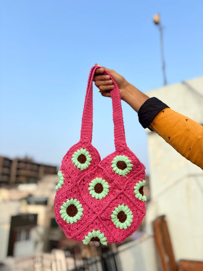 Crochet Tote Bag Pink | Pink & Mint Daisy Handmade Crochet Tote Bag for Women