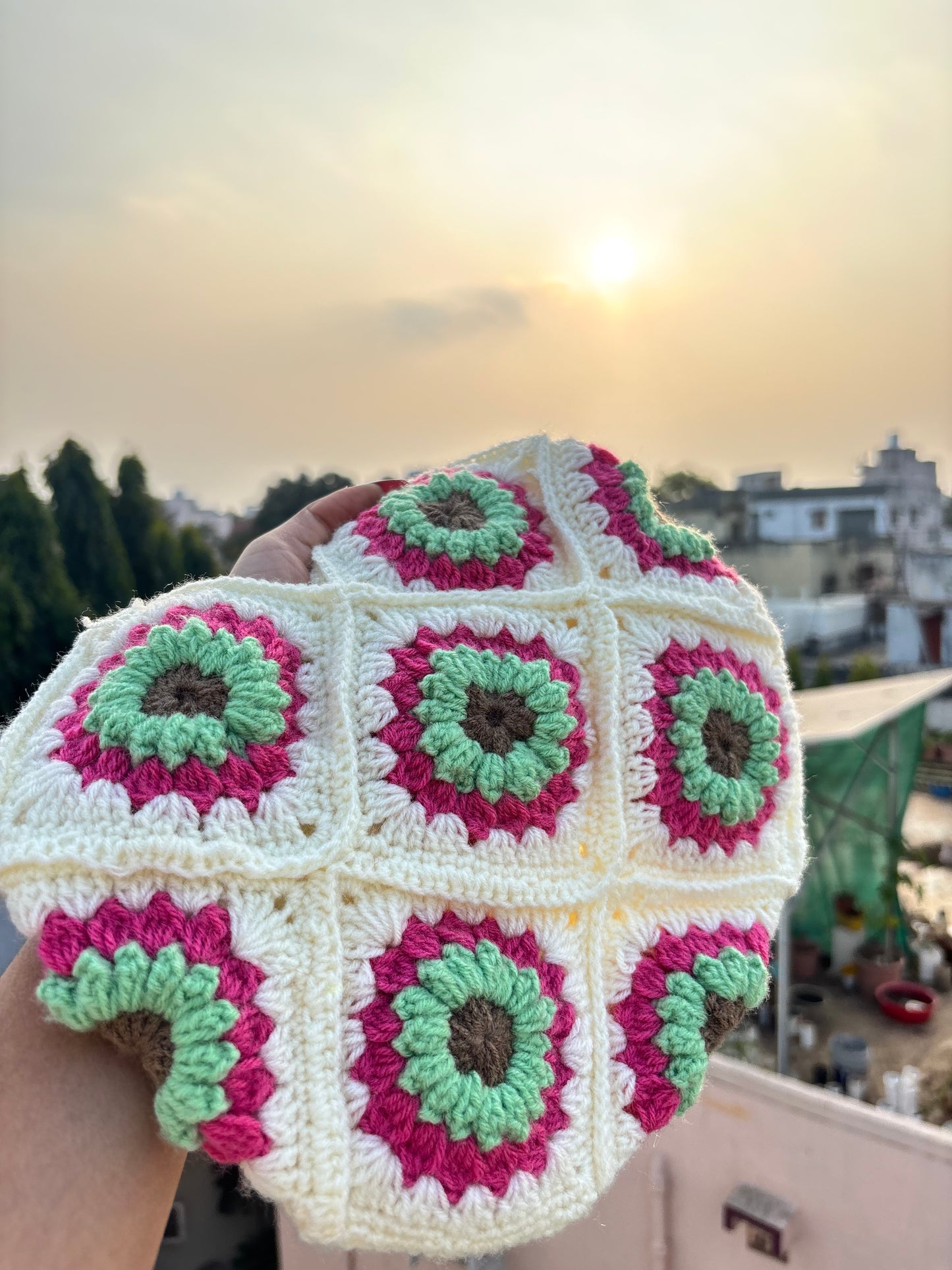 Crochet Tote Bag White | Pink & Mint Daisy Handmade Crochet Tote Bag for Women