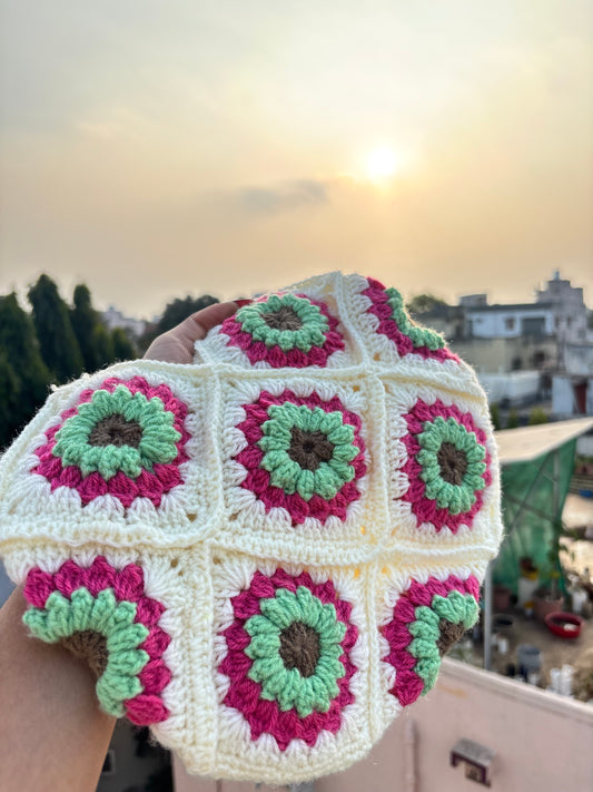 Crochet Tote Bag White | Pink & Mint Daisy Handmade Crochet Tote Bag for Women