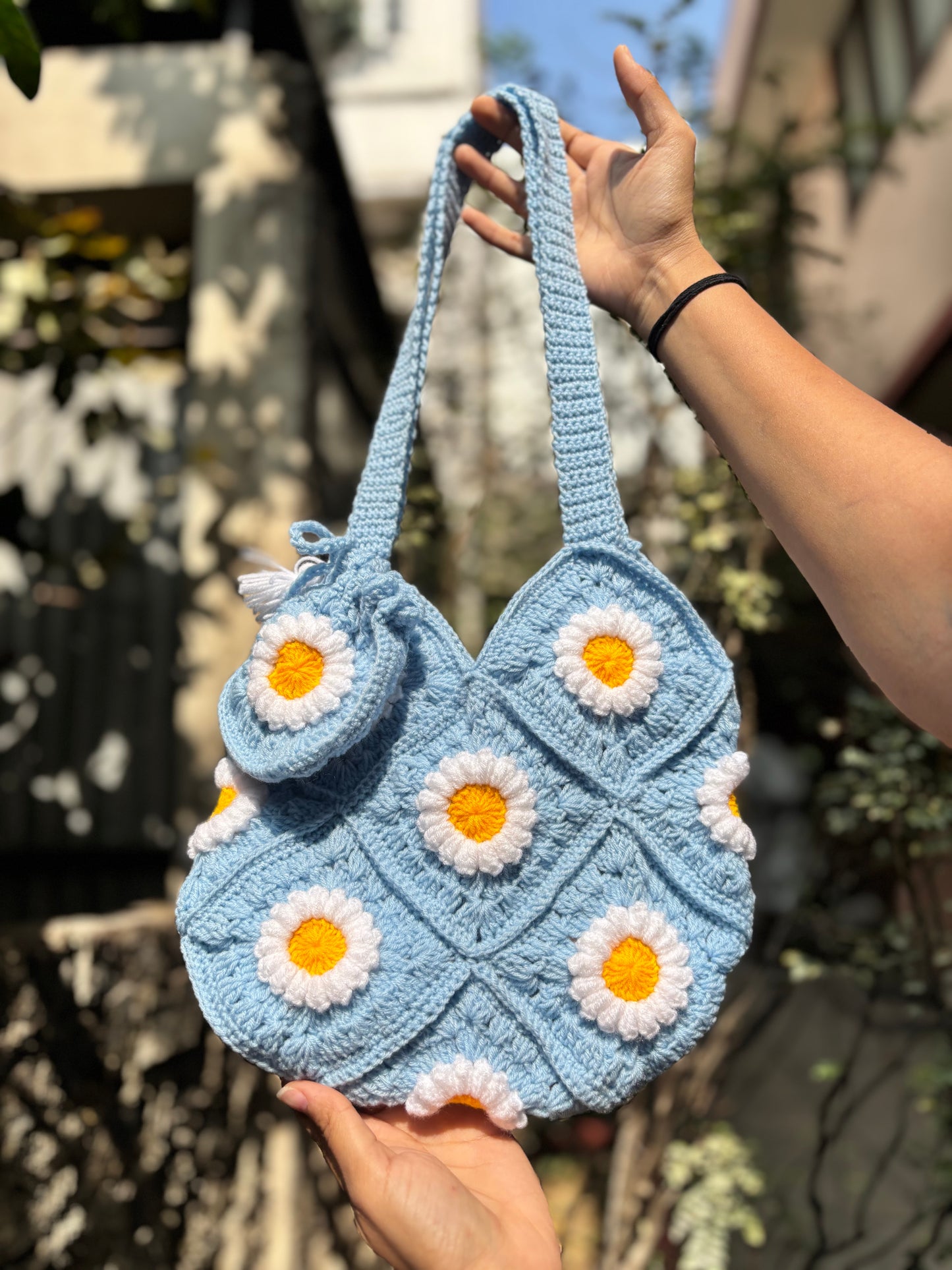Crochet Tote Bag | Light Blue Daisy Flower Crochet Bag