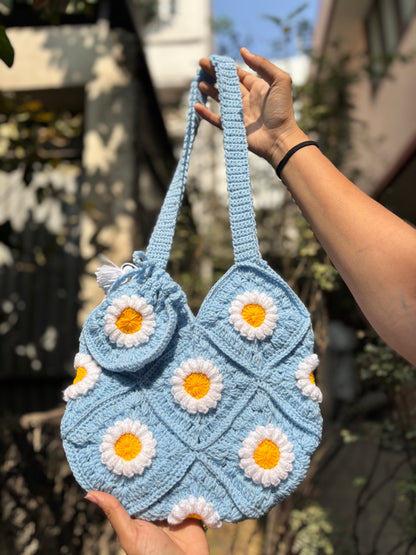 Crochet Tote Bag | Light Blue Daisy Flower Crochet Bag