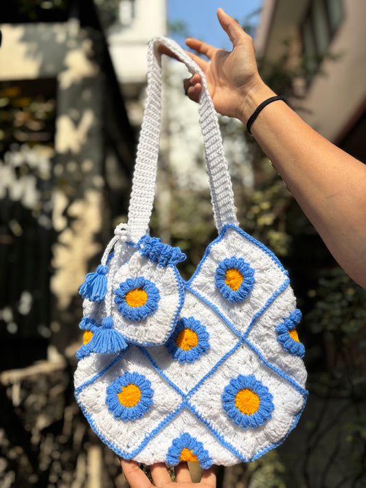 Crochet Tote Bag | White with Blue Border