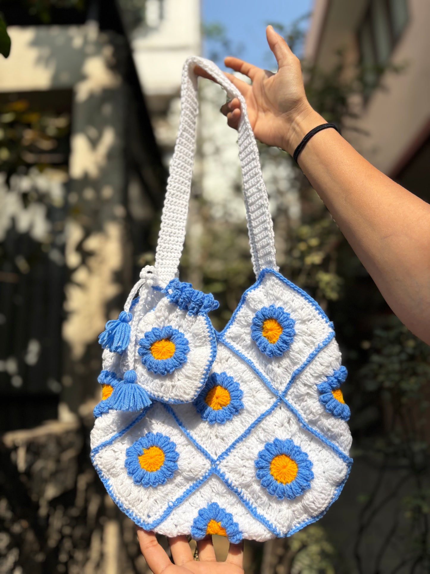 Crochet Tote Bag | White with Blue Border