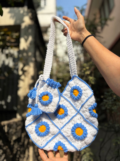 Crochet Tote Bag | White with Blue Border