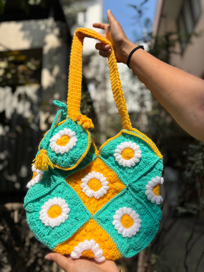 Crochet Tote Bag | Cyan with Yellow Border