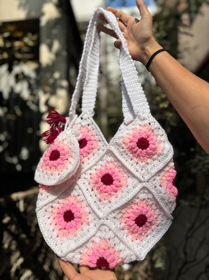 Crochet Tote Bag | White with Pink Border