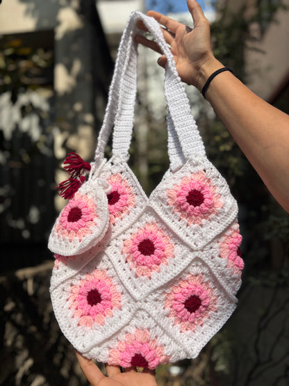 Crochet Tote Bag | White with Pink Border