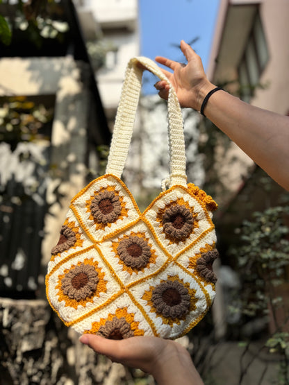 Crochet Tote Bag | White with Yellow Border